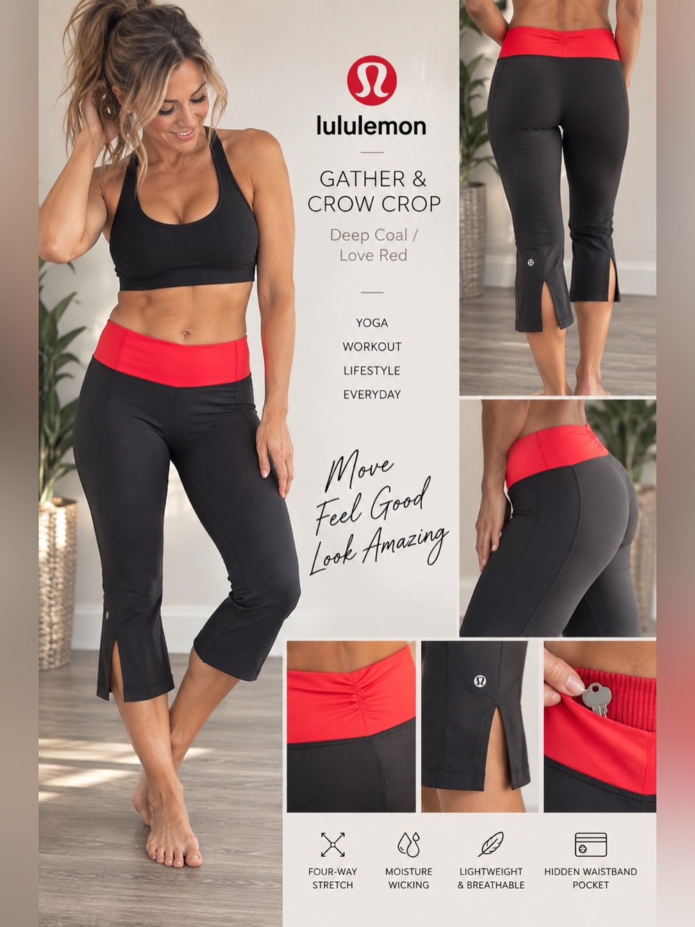 Lululemon | Gather & Grow Crop | Size 6 | Deep Coal | Love Red Waistband ♥️